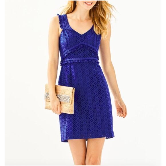 Lilly Pulitzer Kaylee Shift Dress Blue Eyelet Wedding Guest Vacation Summer Easy - Picture 1 of 12